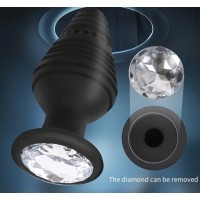 Anal Plug Ribbed w/Clear Jewel, Silicone, BLK