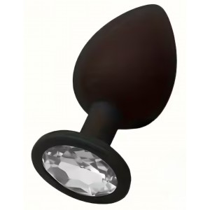 Anal Plug w/Clear Removeable Jewel, Silicone, MEDIUM, BLACK