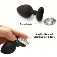 Anal Plug w/Clear Removeable Jewel, Silicone, MEDIUM, BLACK