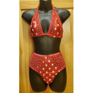 2 piece set Dancewear Red w/White Stars w/Jewels High waisted, One Size