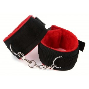 Fur Lined Hand Cuffs RED, Black Nylon