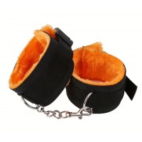 Fur Lined Hand Cuffs ORANGE, Black Nylon