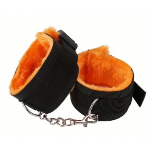 Fur Lined Hand Cuffs ORANGE, Black Nylon